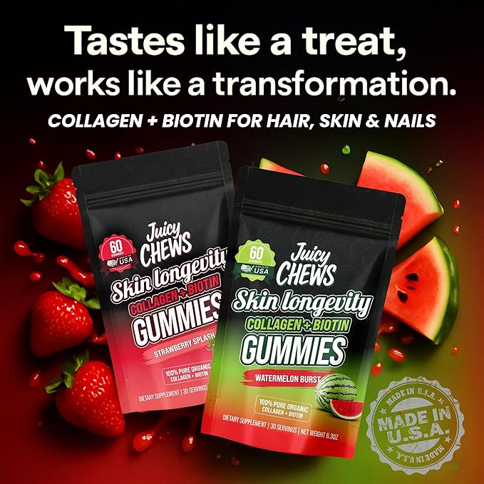 Biotin and Collagen Gummies | Low Sugar Non-GMO Collagen Gummies for Men and Women| All Natural Flavors | 60 Gummies | 30 Servings | Watermelon Flavor