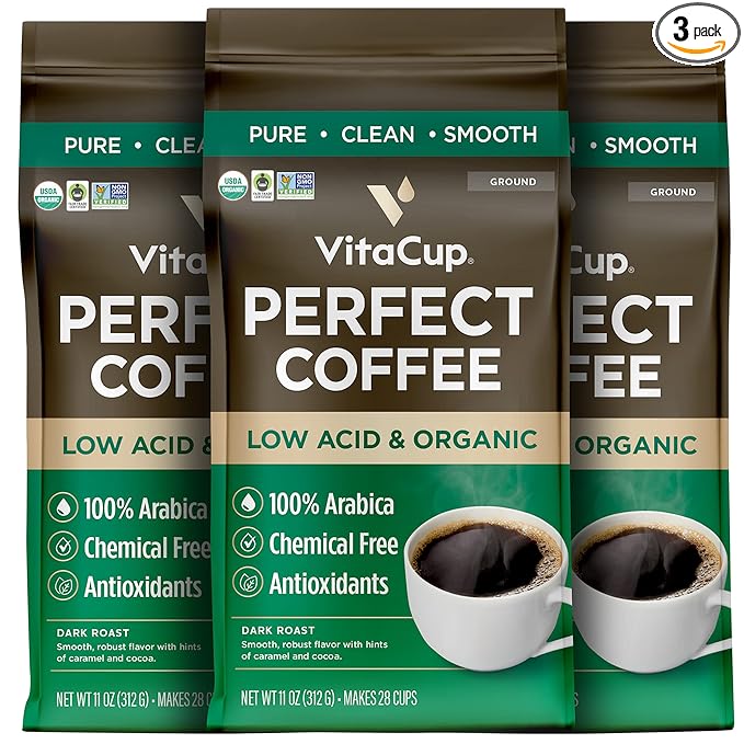 VitaCup Perfect Low Acid Coffee Ground USDA Organic &amp Fair Trade Mycotoxin Free Dark Roast Guatemala Single Origin Clean &amp Pure for Drip Coffee Brewers and French Press 3 bags 11oz each