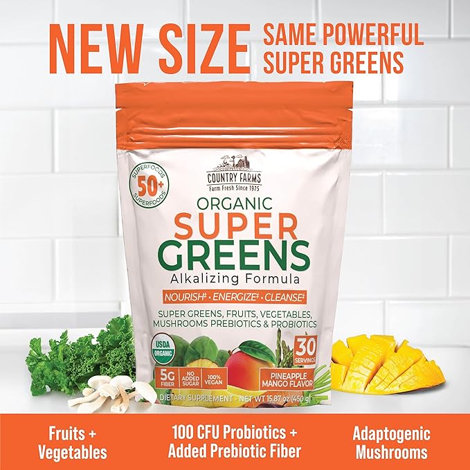Country Farms Super Greens Pineapple-Mango Flavor 50 Organic Super Foods USDA Organic Drink Mix (Wheat Grass Spirulina Chlorella) Mushrooms &amp Probiotics with Fiber Natural Energy 30 Serving