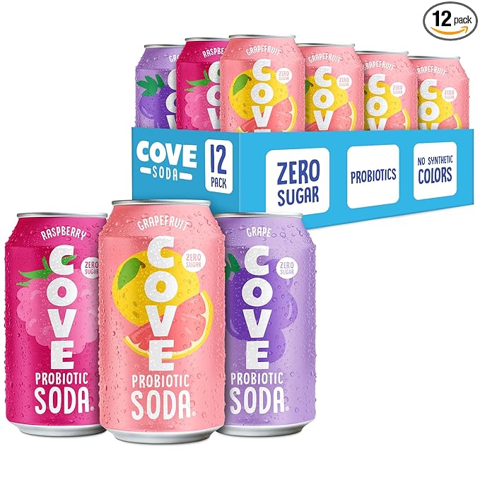 Cove Probiotic Soda Soft Drinks with Zero Sugar – Refreshing Functional Soda Alternative with Probiotics &amp Vitamin C – Naturally Flavored Caffeine-Free Sparkling Beverage - Fruity Variety 12 Pack