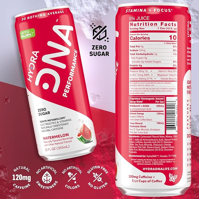HYDRADNA- Clean Performance Drink Zero Sugar | For Natural Fuel Alertness Boost Stamina120 mg Organic Caffeine Natural Flavors Zero Sucralose Clean Ingredients (12 Pack) (12 Pack Watermelon)