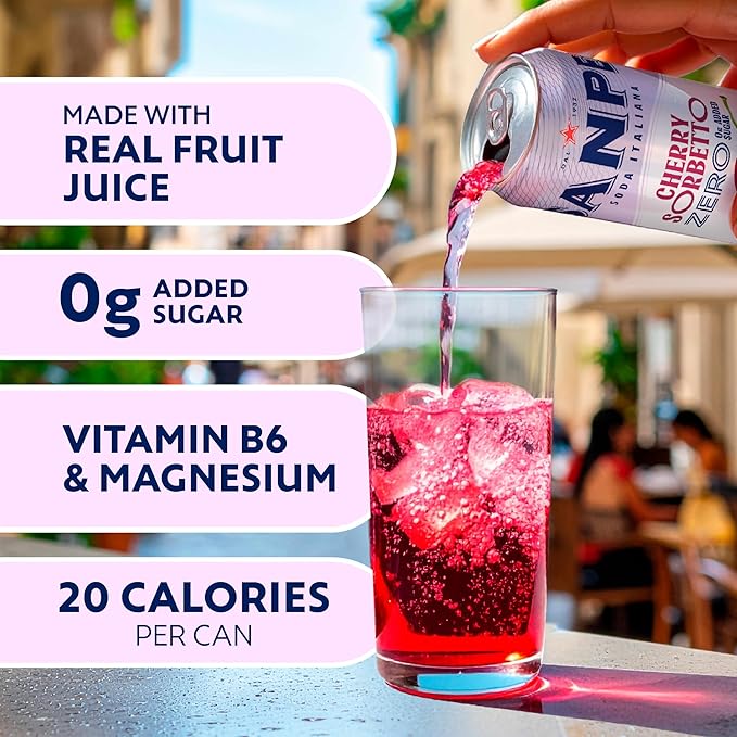 Sanpellegrino Soda Italiana Cherry Sorbetto Italian Sparkling Drink 0g Added Sugar Real Fruit Juice Italian Soda Sparkling Beverage 24-Pack