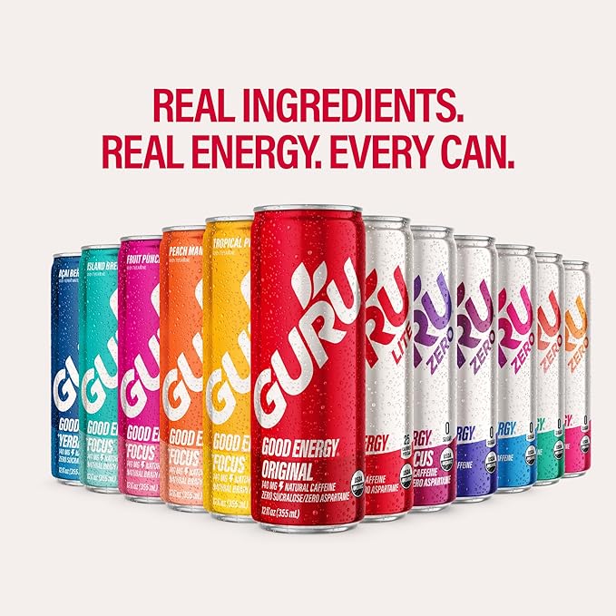 GURU Peach Mango Punch Organic Energy Drinks Clean Energy Drink with Plant Based Natural Caffeine from Green Tea + Focus with L Theanine Gluten Free and Vegan 140MG Caffeine 12oz (Pack of 12)