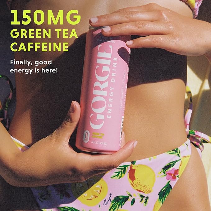 GORGIE Sugar-Free Natural Energy Drinks Pink Lemonade (12 Pack) - Healthy Energy Drink - Natural Coffee Replacement with Green Tea Caffeine and Biotin 150mg Caffeine Vegan Low Calorie