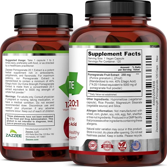 Zazzee Extra Strength Pomegranate 20:1 Extract 40% Ellagic Acid 120 Vegan Capsules 4 Month Supply Punica Granatum Antioxidant &amp Cellular Health Support Non-GMO Made in the USA