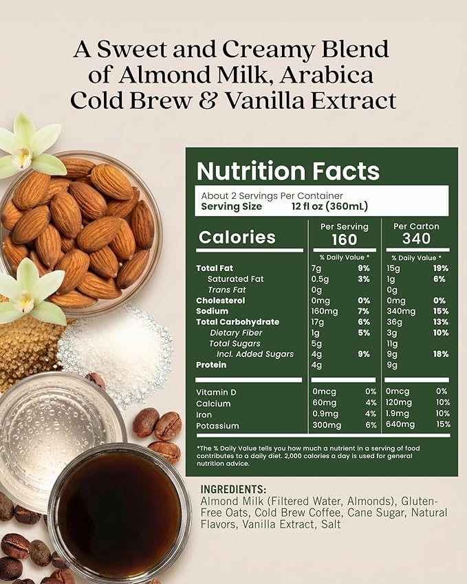 Elmhurst 1925 Toasted Almond Vanilla Latte – Plant-Based Vegan Dairy-Free Plant Milk Latte Made of Cold Brew Premium Arabica with 95mg Caffeine &amp Madagascar Vanilla – 25.4oz (Pack of 6)