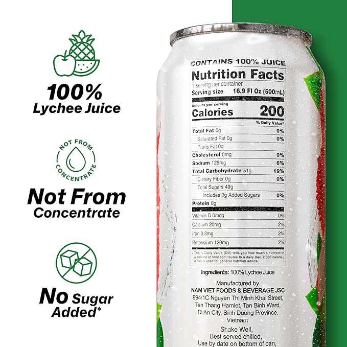 VINUT 100% Lychee Juice No Added Sugar Not From Concentrate 16.9 fl oz (500 mL) Can Pack of 6