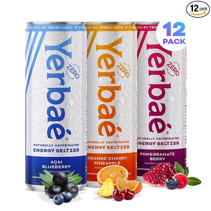 Yerbaé Energy Seltzer - Variety Performance Pack. No Sugar/Calories/Carbs. Energized by Yerba Mate Naturally Caffeinated Plant-Based Healthy Alternative to Coffee/Sugary Sodas Pack of 12 12oz cans