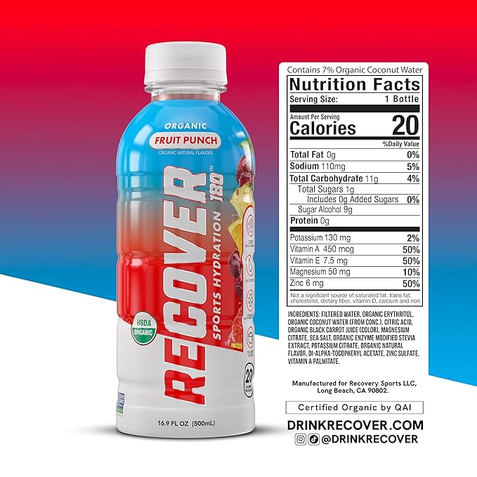 RECOVER 180 Organic Sports Hydration Drink No Sugar Added 20 Calorie Sports Beverage Organic Flavors With Vitamins Potassium-Packed Electrolytes (16.9 Fl Oz (Pack of 12) Variety Pack)