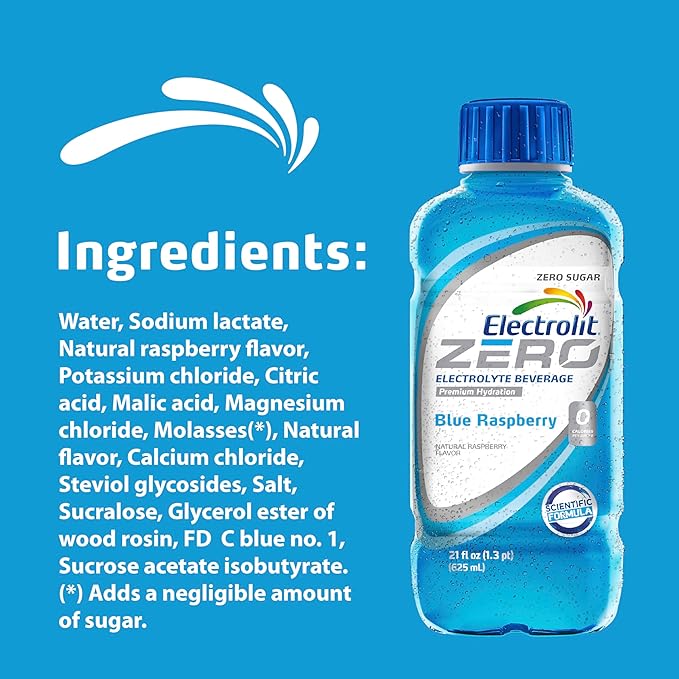Electrolit Zero Electrolyte Beverage Blue Raspberry 21 Fl Oz bottle (Pack of 12)