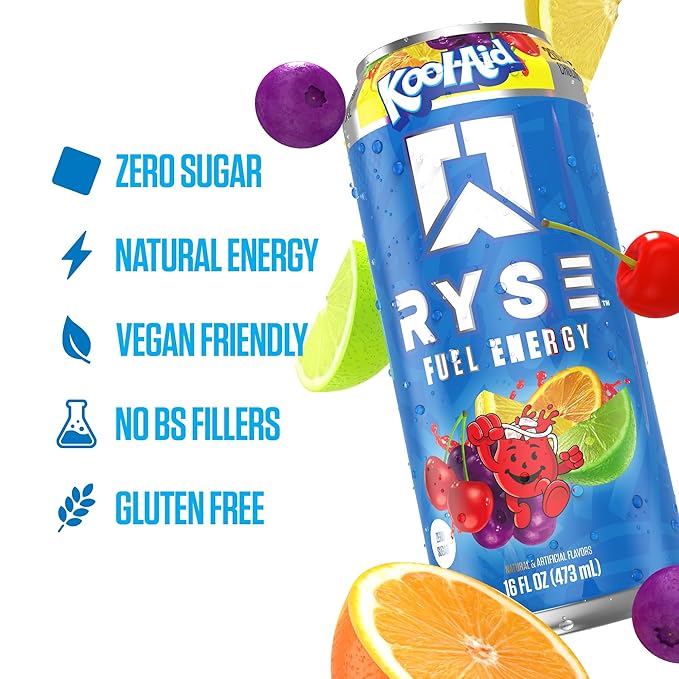 RYSE Fuel Energy Drink - Kool-Aid Tropical Punch - Sugar Free Gluten Free &amp Vegan - 200mg Natural Caffeine Taurine &amp Choline for Focus &amp Energy - No Artificial Colors - 16 fl oz Cans (12