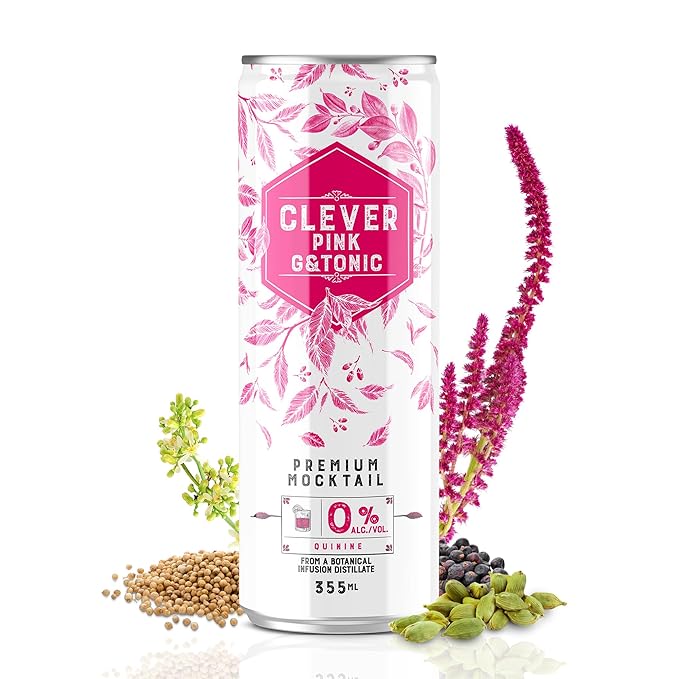 CLEVER - Pink G &amp Tonic Nonalcoholic Mocktails for Any Occasion Refreshing Beverages Inspired by Gin &amp Tonic Low-Calorie Mocktails Non-alcoholic Drinks with 80 Calories Pack of 12 (12 oz E