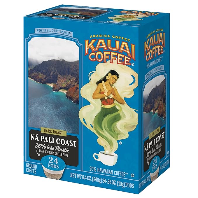 Kauai Coffee Pods Compatible with K-Cup Pods for Keurig Brewers – 20% Hawaiian Arabica – Dark Roast Rich Smooth No Bitterness – Na Pali Coast 1 Pack of 24 Single Serve Cups