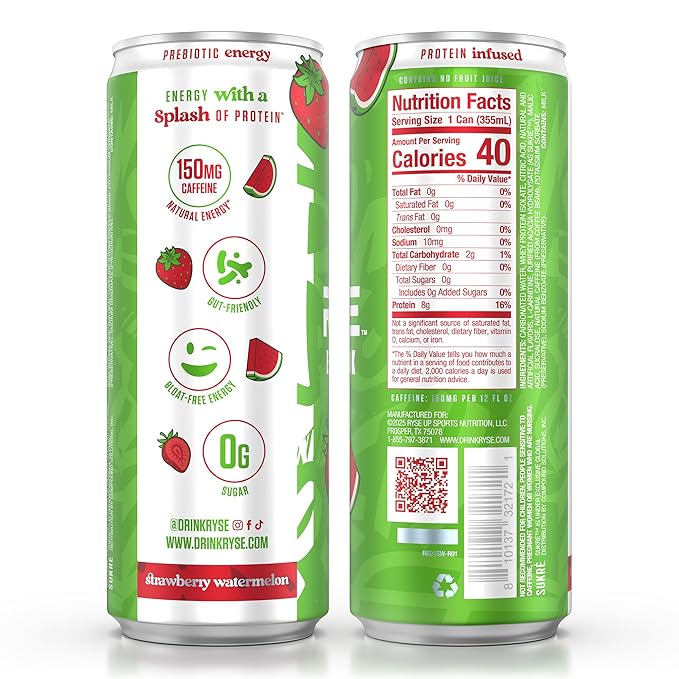 RYSE Functional Energy Drink - Strawberry Watermelon - 150mg Natural Caffeine 8g Whey Protein &amp 1g Prebiotics - Sugar Free Gut-Friendly Bloat-Free - 12 fl oz Cans (12-Pack)