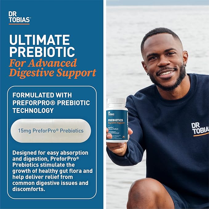 Dr. Tobias Prebiotics Digestive Support Advanced Prebiotic Supplement for Gut Health Immune Function &amp Boost for Probiotics for Women &amp Men Vegan Non-GMO 60 Capsules 60 Servings