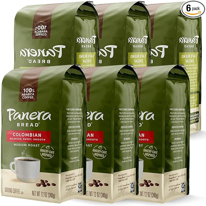 Panera Colombian Ground Coffee Medium Roast With Brown Sugar Hints - Smooth Balanced Everyday Brew 100% Arabica Beans Clean Label No Artificial Ingredients - Kosher Certified 12oz Bag Pack of 6 (7