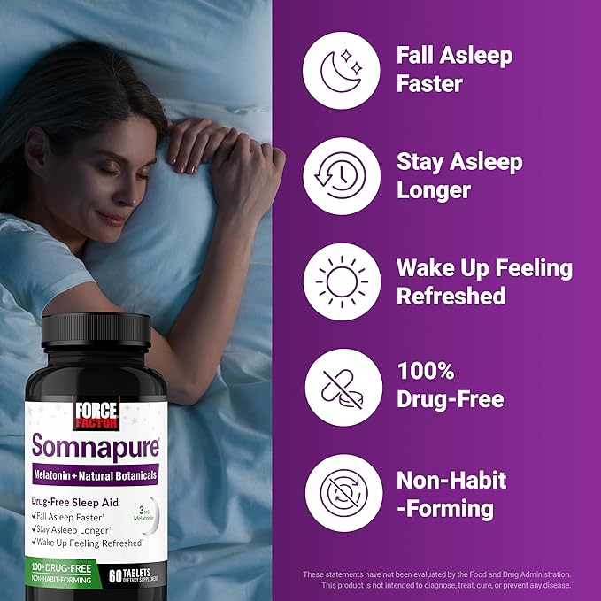 Bundle of Force Factor Somnapure Drug-Free Sleep Aid for Adults for with Melatonin &amp Valerian 60 Tablets + Force Factor Ultimate Magnesium Glycinate Powder 300mg Raspberry Lemon 30 Servings