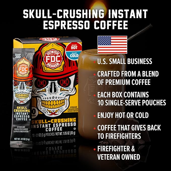 Fire Department Coffee Skull-Crushing Espresso Dark Roast Instant Coffee Packets - 60 Single Serve Packets - Gives Back to Firefighters - Veteran Owned