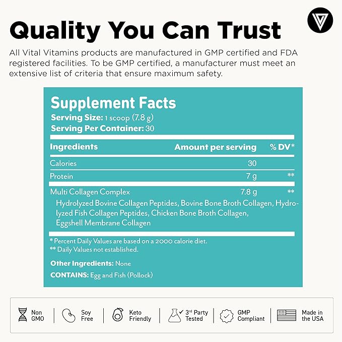 Vital Vitamins Multi-Collagen Powder 30 Servings + Hyaluronic Acid Hydration Complex 60 ct