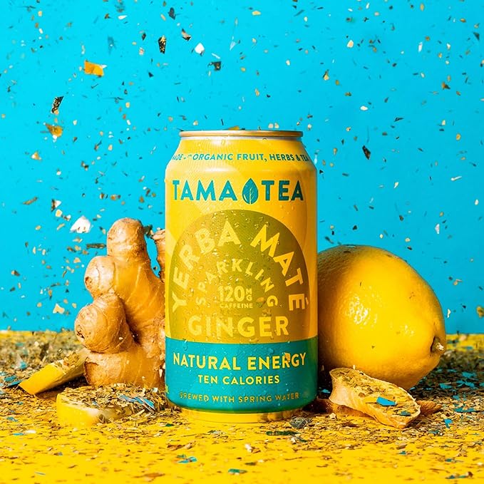 Organic Sparkling Ginger Yerba Mate Tea Unsweetened by Tama Tea - Sugar Free Energy Drink Alternative 120mg Natural Caffeine 12 oz (12-Pack)