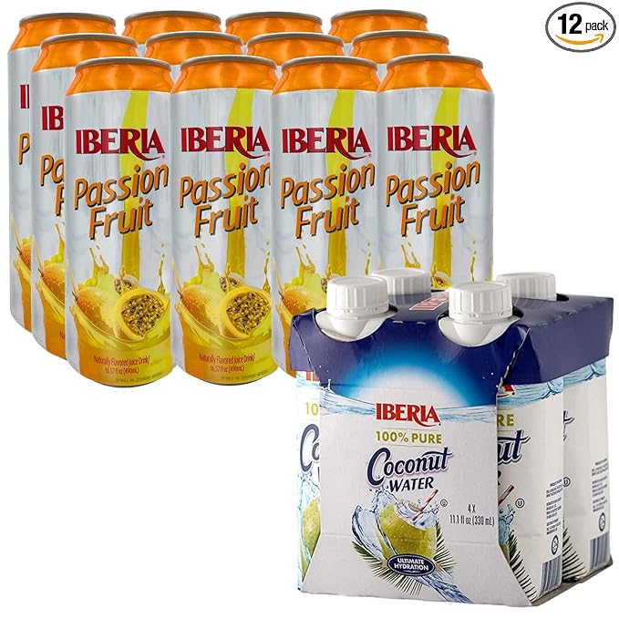 Iberia Passion Fruit Juice Drink 16.57 Fl Oz (Pack of 12) + Iberia 100% Natural Coconut Water 11.1 Oz (Pack Of 4)