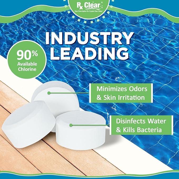 Rx Clear 1 Inch Chlorine Tabs | 8 Pounds | Use Tablets as Bactericide Algaecide &amp Disinfectant in Swimming Pools | Stabilized Long Lasting Slow Dissolving &amp UV Protected