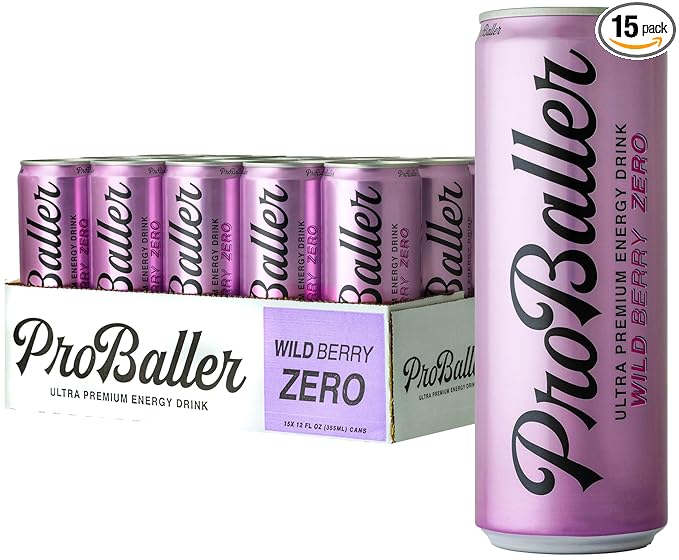 ProBaller Clean Energy Drink - Athlete-Grade Energy for Focus &amp Performance Zero Sugar NSF Certified for Sport Natural Caffeine Biotin Electrolytes Amino Acids &amp B Vitamins - Wild Berry