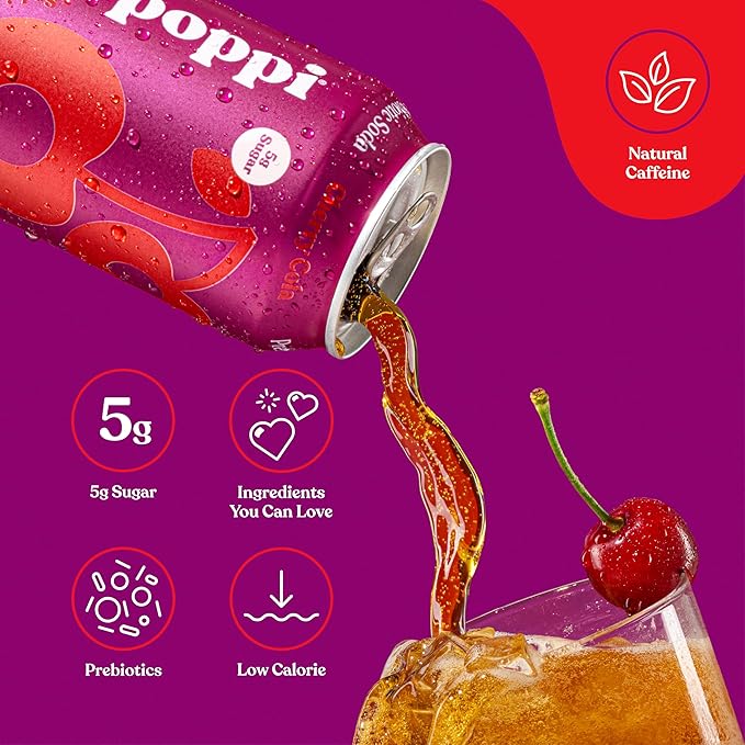 Poppi Sparkling Prebiotic Soda Beverage with Apple Cider Vinegar Seltzer Water and Fruit Juice Cherry Cola Flavor 12 oz Pack of 12 Packaging May Vary.