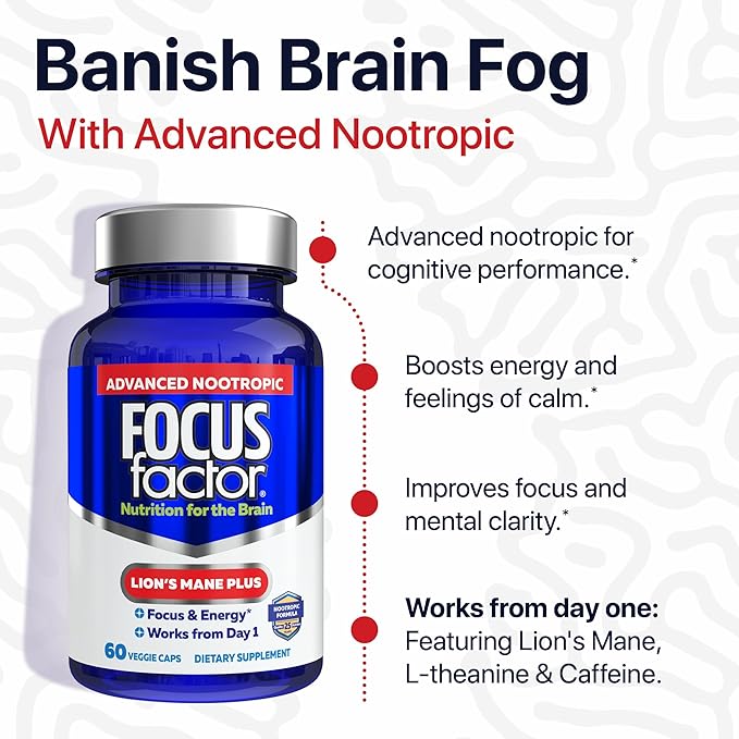 Focus Factor Lions Mane Plus Advanced Nootropic with L-Theanine Caffeine Focus and Energy (60 Count) (Pack of 2)
