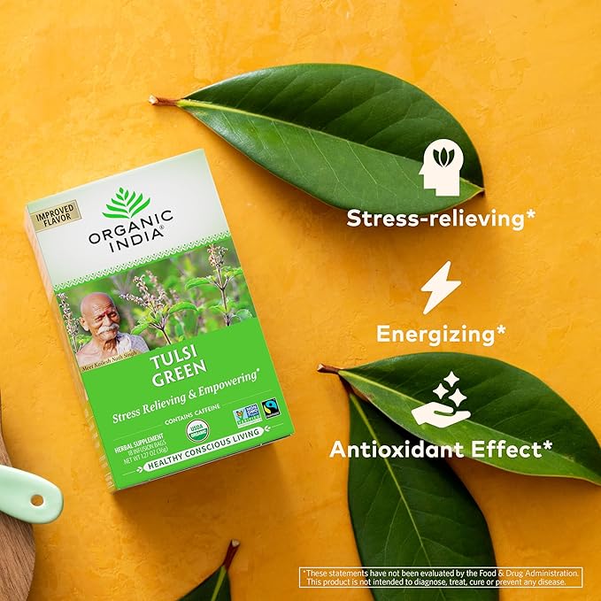 ORGANIC INDIA Tulsi Green Tea Bags - Holy Basil Tea African Basil Stress Relieving Immune Support USDA Certified Organic Premium Darjeeling Green Tea Caffeinated - 18 Infusion Bags 3 Pack