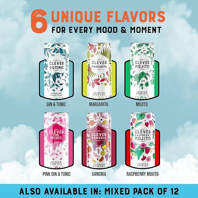 CLEVER - Nonalcoholic Mocktails Mix Pack 3 Mocktails Non-alcoholic Drinks: Mojito Sangria &amp Pink G &amp Tonic Low-Calorie All-Occasion Refreshing Beverages Pack of 12 (4 Cans per Variant 12