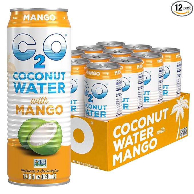 C2O - Coconut Water with Mango (12 Pack) - Made with Fresh Coconut Water - Plant Based - Non GMO - Canned Water - Natural Hydration Essential Electrolytes &amp Potassium - 12 Cans 17.5 FL OZ