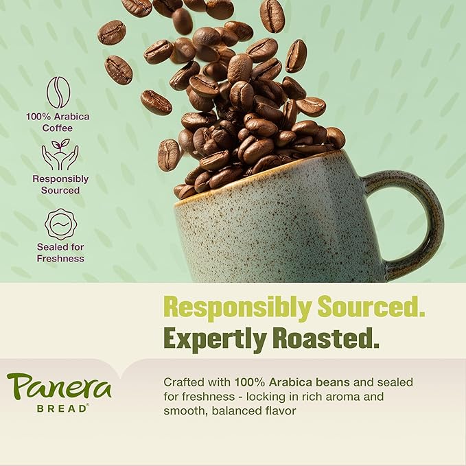 Panera Cafe Blend Decaf Coffee Pods Medium Roast Cups - 100% Arabica Smooth &amp Balanced with Caramel Notes Sustainably Sourced No Bitterness 60 Single Serve Pods (6 Packs of 10)