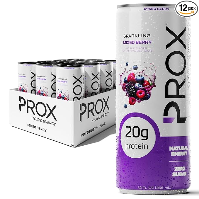 PROX Hybrid Energy Drink with 20g Protein Zero Sugar 200mg Natural Caffeine 90 Calories 12 Pack (Mixed Berry)