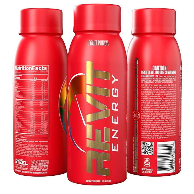 Steel Revit Energy Drink Fruit Punch 8oz (12-Pack) | 300mg Caffeine 7 Essential Vitamins | Sugar-Free Resealable Cap All-Day Energy