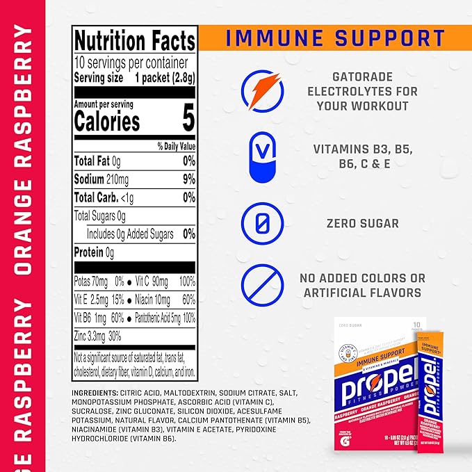 Propel Immune Support Electrolyte Enhanced Water Drink Mix Powder Packets Orange Raspberry 100% DV Vitamin C Zero Sugar Hydration with Electrolytes &amp Vitamins (120 Packets) (Pack of 240)