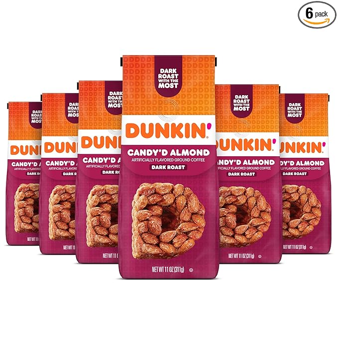 Dunkin' Candy'd Almond Flavored Dark Roast Ground Coffee 11 Ounce (Pack of 6)