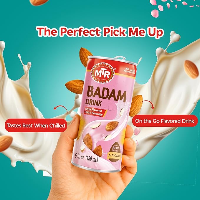 MTR Badam Drink - Rose Flavored Ready-to-Drink - Authentic Indian Almond Milk Beverage Real Bits of Almond No Added Preservatives Gluten-Free Refreshing Drink Perfect for Anytime Refreshment Pa