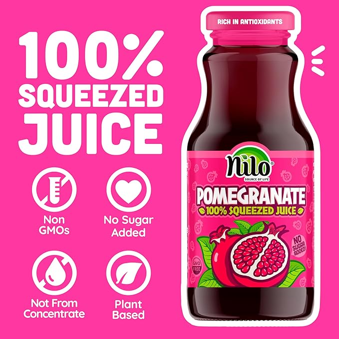 NILO Pomegranate Juice | 100% Squeezed Pomegranate Granada | NO Sugar added | NON GMO | NOT From Concentrate | 8.45 oz (Pack of 12)