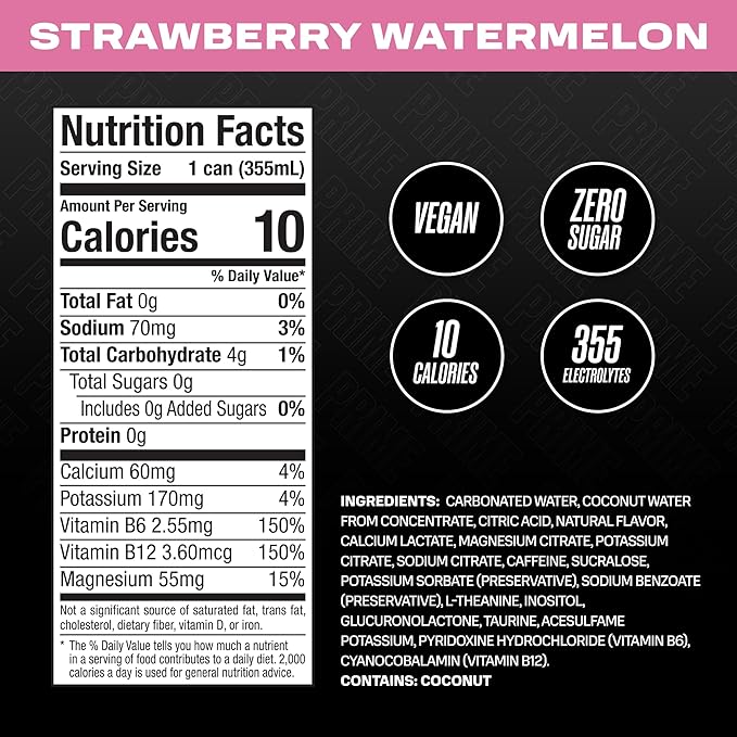 PRIME Energy STRAWBERRY WATERMELON | Zero Sugar Energy Drink | 200mg Caffeine with 355mg of Electrolytes and Coconut Water for Hydration| Vegan | Gluten Free |12 Fluid Ounce | 12 Pack