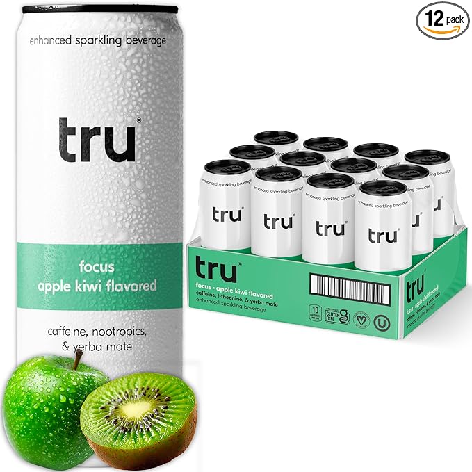 Tru Focus Seltzer Sparkling Water with Green Tea Extract Yerba Mate L Theanine &amp Real Apple Kiwi Juice Sweetened with Monk Fruit &amp Stevia Gluten Free Vegan Sugar Free 12 FL OZ Cans 12
