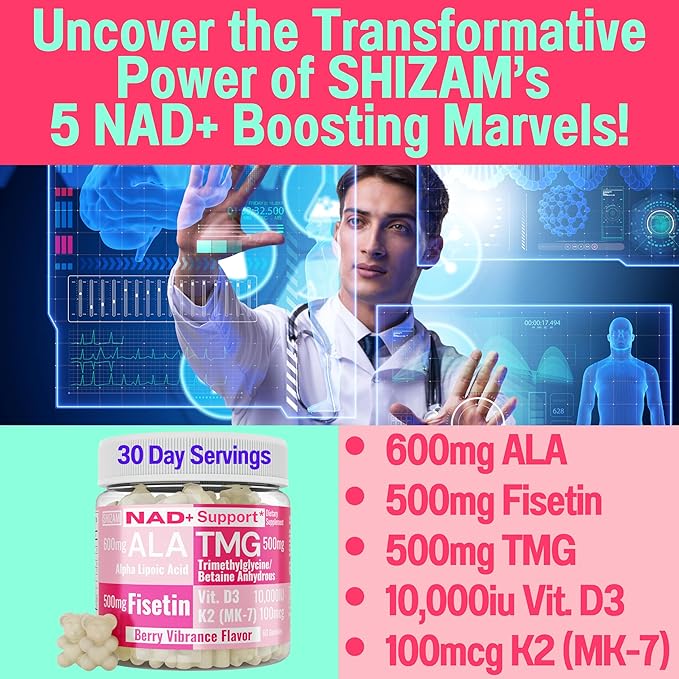 SHIZAM TMG Betaine Alpha Lipoic Acid ALA D3 Fisetin Gummies Tri-Methylglycine trimethylglycine R-Alpha NAD+ Plus + HCL Supplements Mitochondrial Senolytic Activator NR Capsules Powder 600mg 1000mg