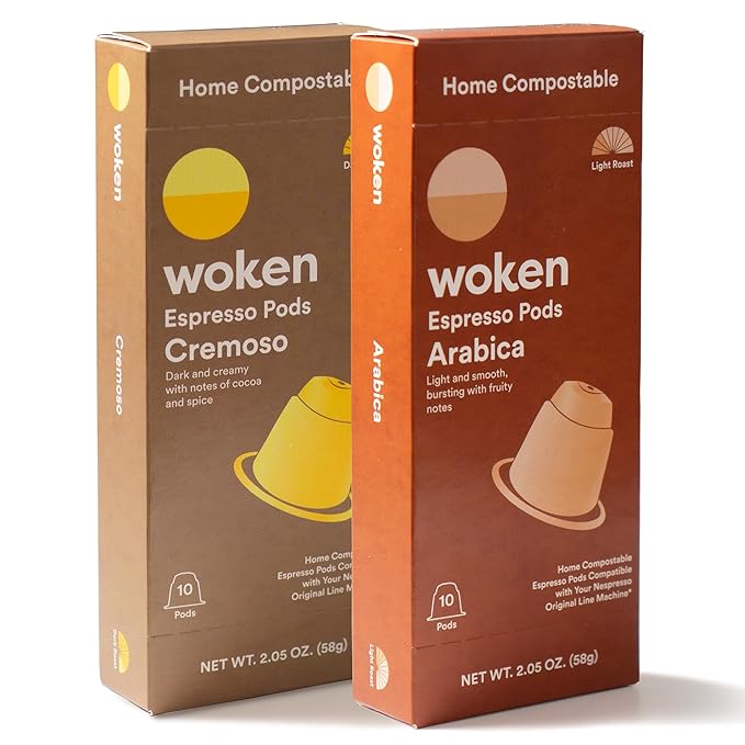 WOKEN COFFEE Compostable Nespresso Pods | Mixed Collection | Arabica Cremoso Light &amp Dark Roast | Roasted USA | Compatible With Nespresso Original Machines | Eco-Friendly Biodegradable Coffee C