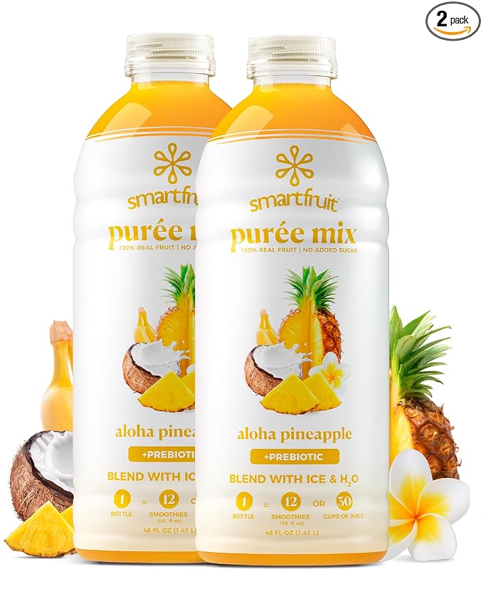 Smartfruit Aloha Pineapple + Prebiotic – 100% Real Fruit Purée with Pineapple Banana Apple &amp Coconut – Great for Smoothies Juice Yogurt Cocktails Teas – High in Vitamin A – 2-Pk 48oz Each