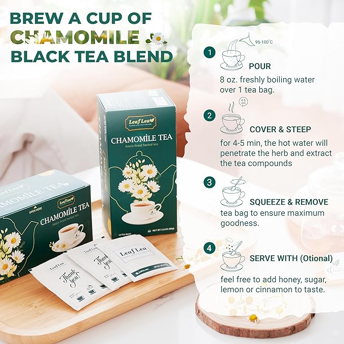 LeafLea Chamomile and Black Tea Blend Chamomile Tea Bags Black Tea &amp Pure Camomile Flowers Manzanilla Tea Bags Stress Relief Vegan Supports Digestion Ideal Wellness Gift Box | 80 Bags