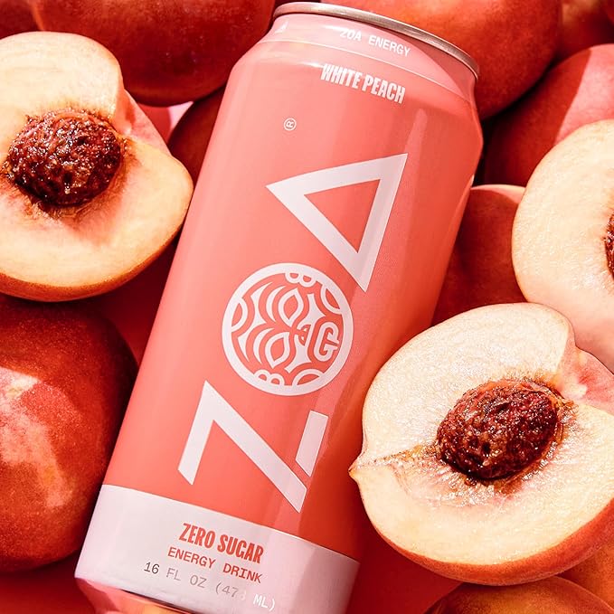 ZOA Zero Sugar Energy Drinks - White Peach | Healthy Energy Formula with Natural Caffeine Daily Vitamin C Essential B-Vitamins | Gluten-Free Keto Friendly | 16 Ounce Cans (Pack Of 12)