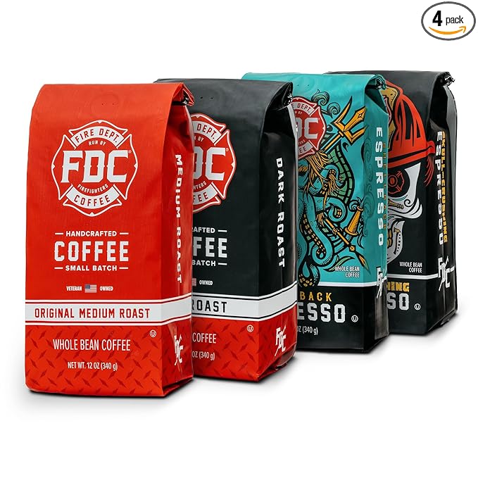 Fire Department Coffee - Gives Back to Firefighters - Rescue Variety Pack - Whole Bean Coffee - Medium Dark Shellback Espresso &amp Skull Crushing Espresso Beans - Veteran Owned (12oz Pack of 4)