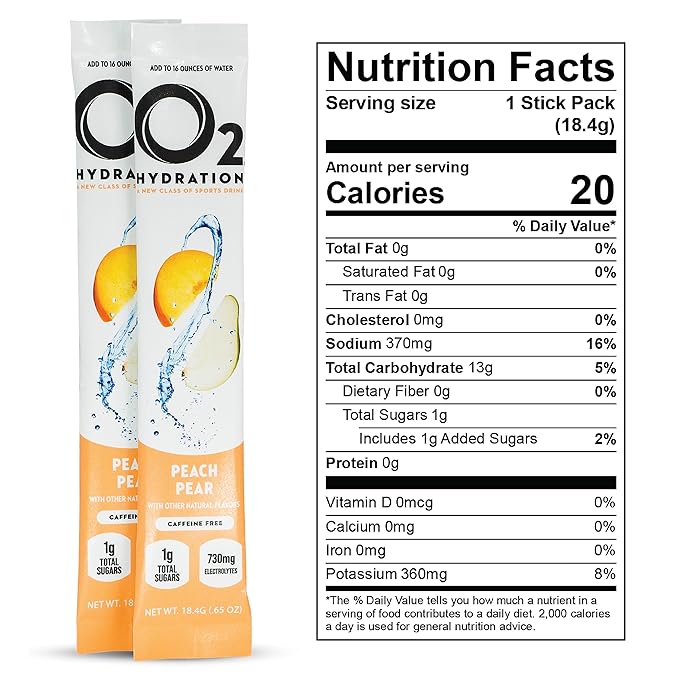 O2 Hydration Mix - Peach Pear - Hydration Powder Packets | Great Tasting | Low Sugar Recovery Drink | Easy Open Single-Serving Stick | Gluten-Free (Peach Pear/30 Count)