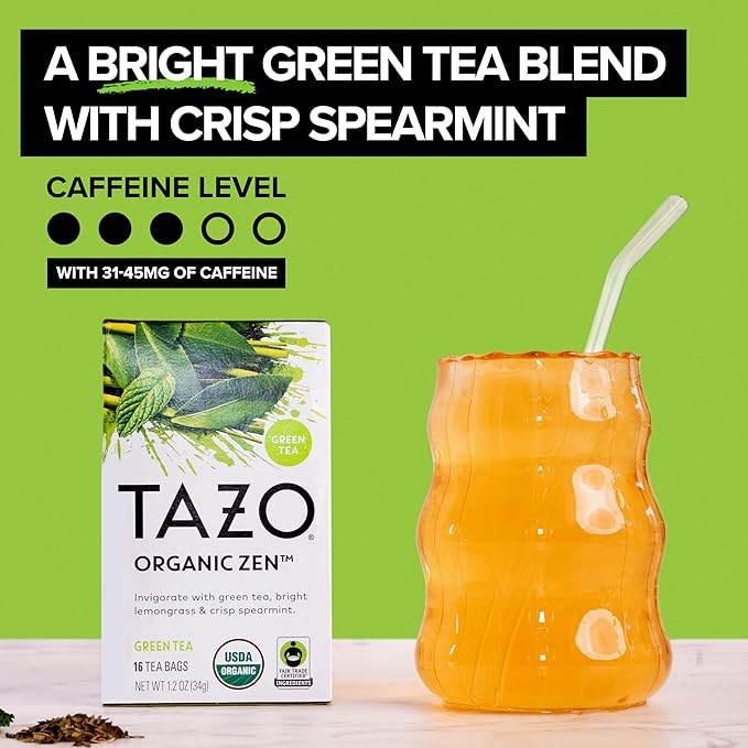 TAZO Organic Zen Green Tea Bags Caffeine Free Tea with Refreshing Lemongrass &amp Spearmint 96 Total Tea Bags (16ct - Pack of 12)