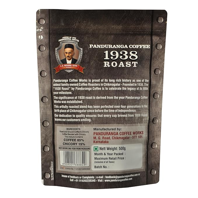 Panduranga Coffee 1938 Roast - Premium South Indian Filter Coffee Celebrating 80+ Years of Legacy Authentic Chikmagalur Blend Artfully Roasted for Rich Aroma &amp Flavor 500g (Pack of 1)